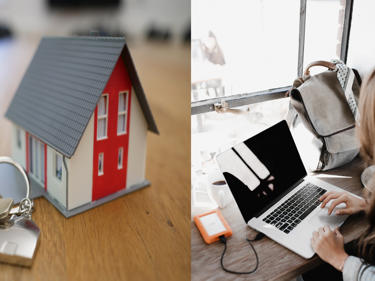 Todelt bilde av en som planlegger å sette et hus på en tomt